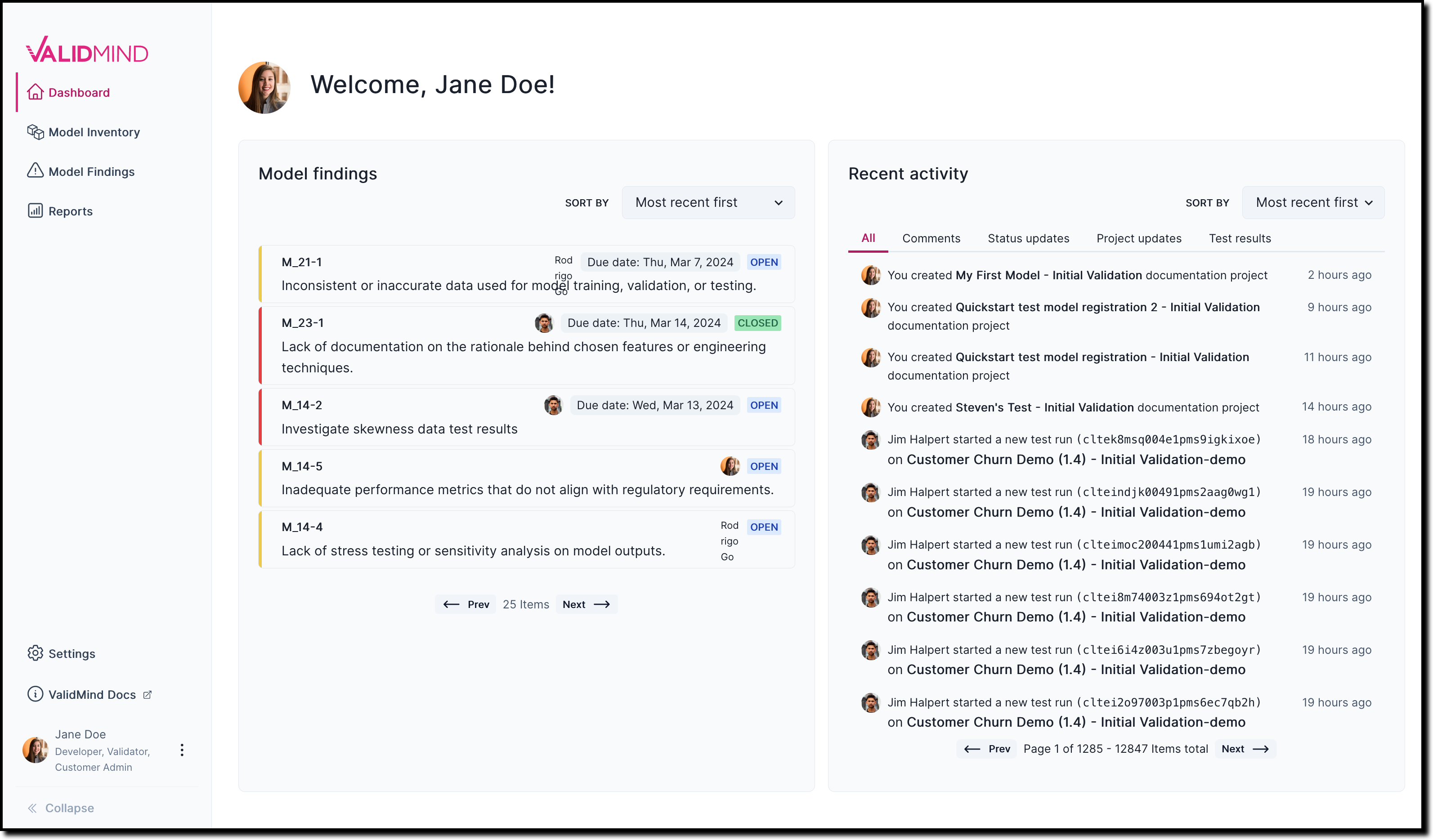 An image showing the ValidMind Platform UI main dashboard