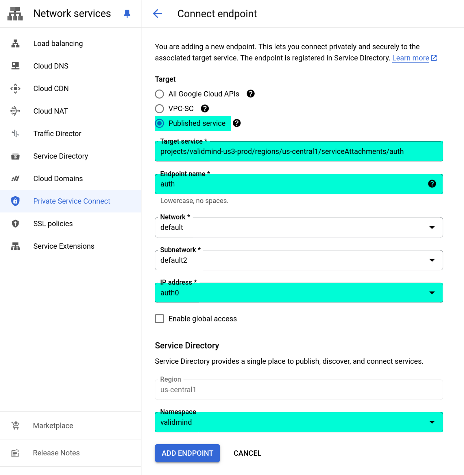 Screenshot of an endpoint being created with the options specified in the steps.