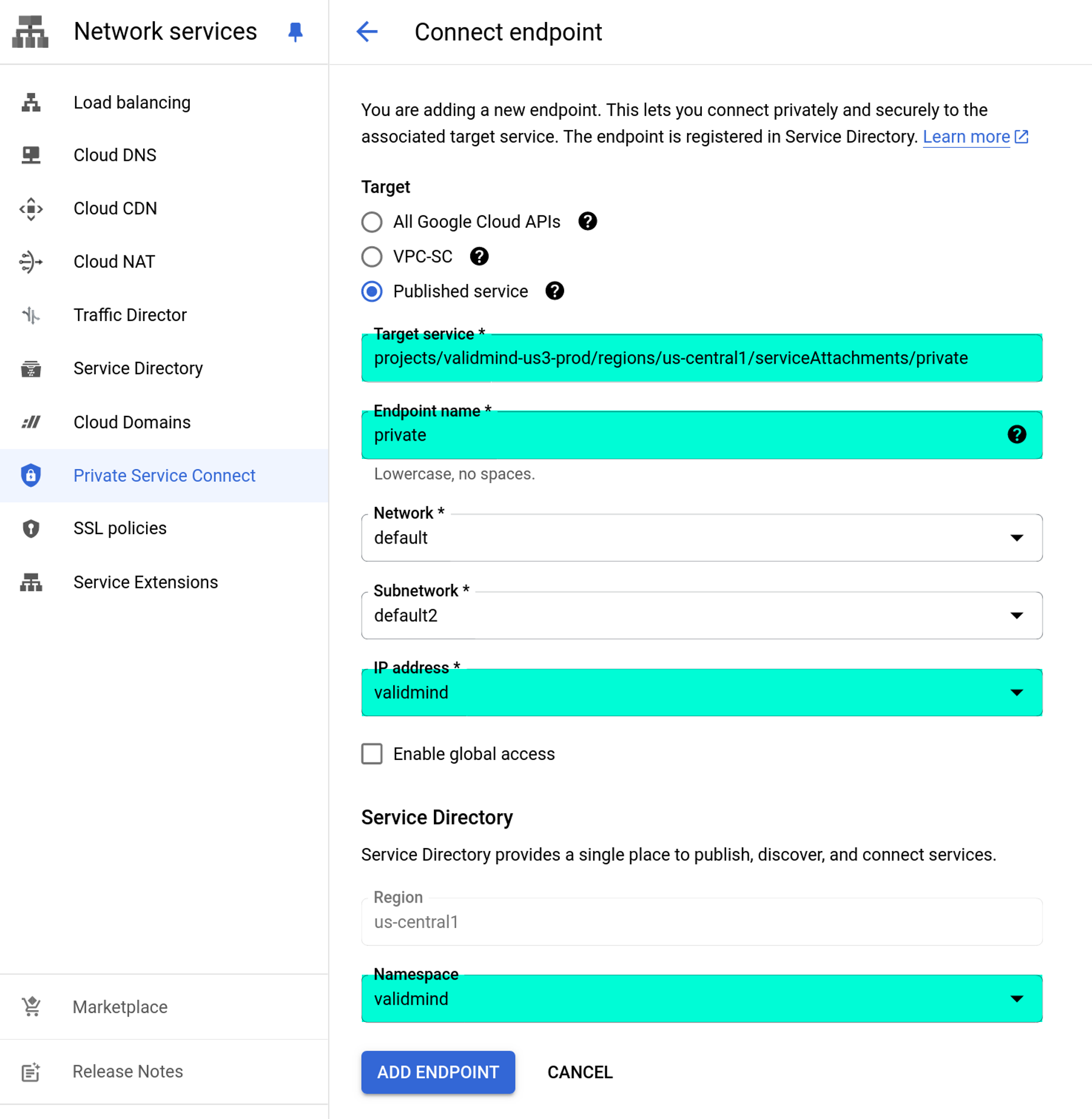 Screenshot of an endpoint being created with the options specified in the steps.