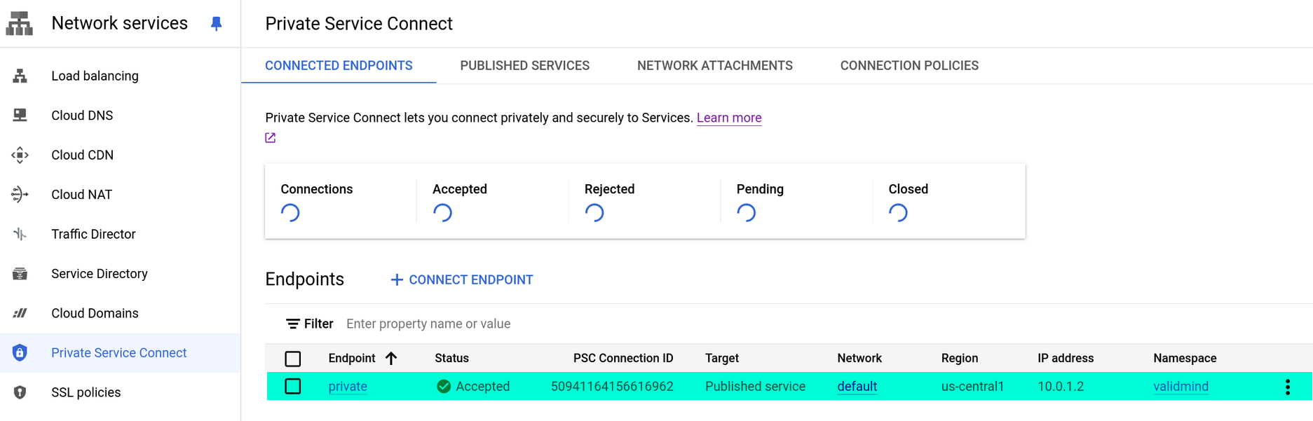 Active endpoint being shown in the Google Cloud Console