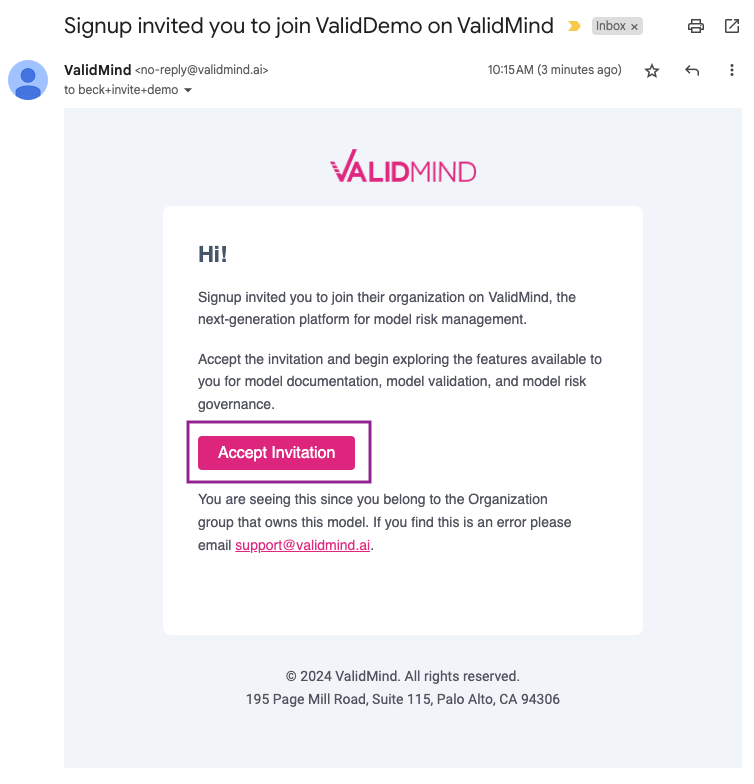 Screenshot of the ValidMind organization invite email