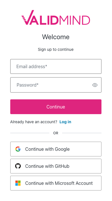 Screenshot of the ValidMind signup welcome screen