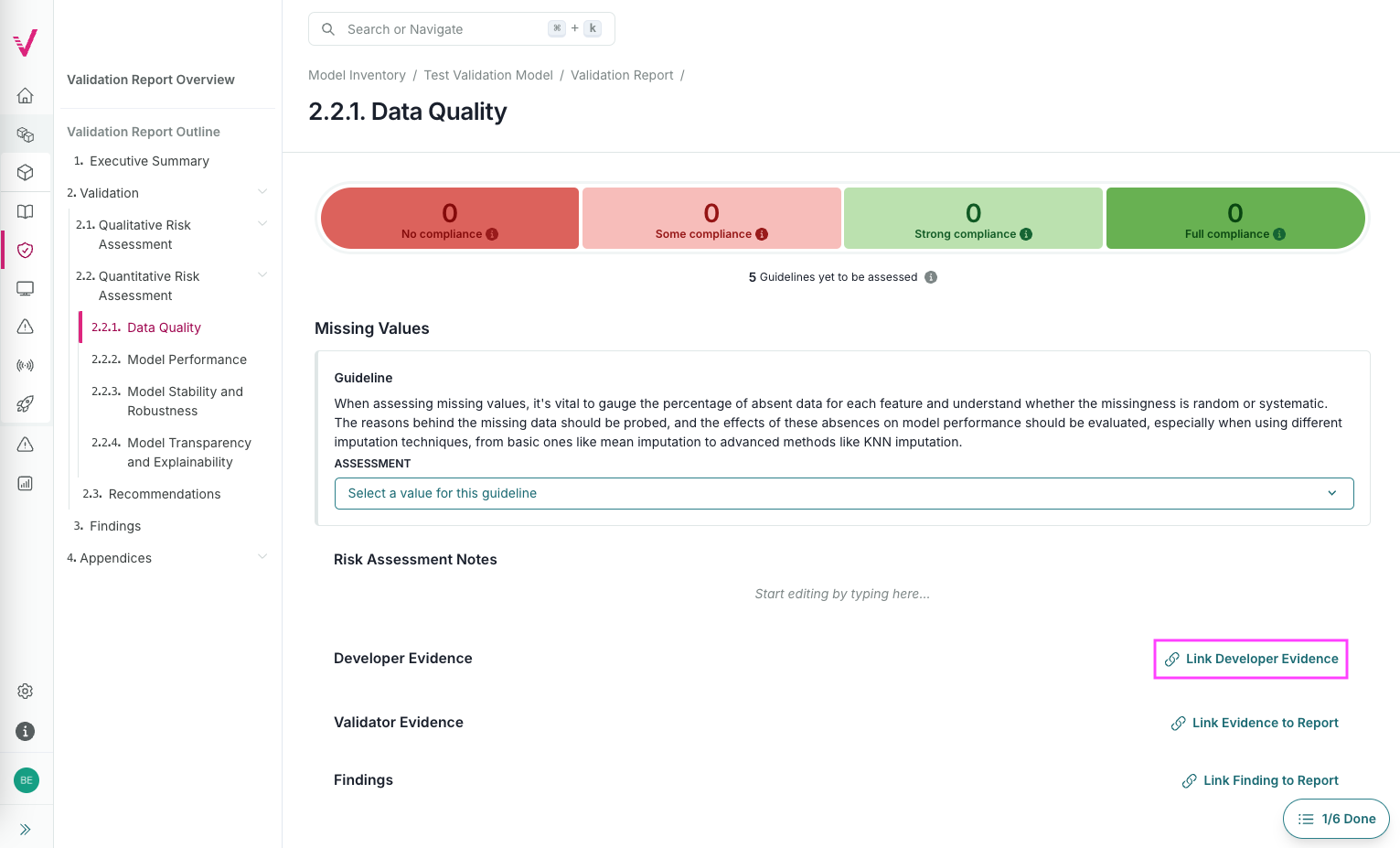 A screenshot of the validation report section 2.1.1. that shows a compliance assessment with the option to link to developer evidence