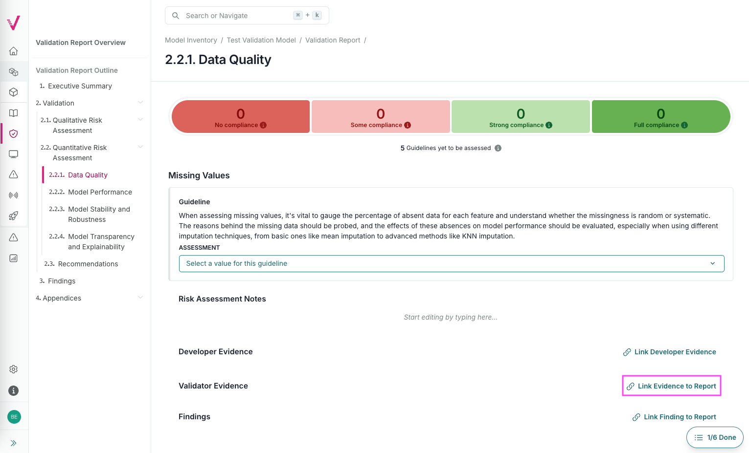 A screenshot of the validation report section 2.1.1. that shows a compliance assessment with the option to link evidence