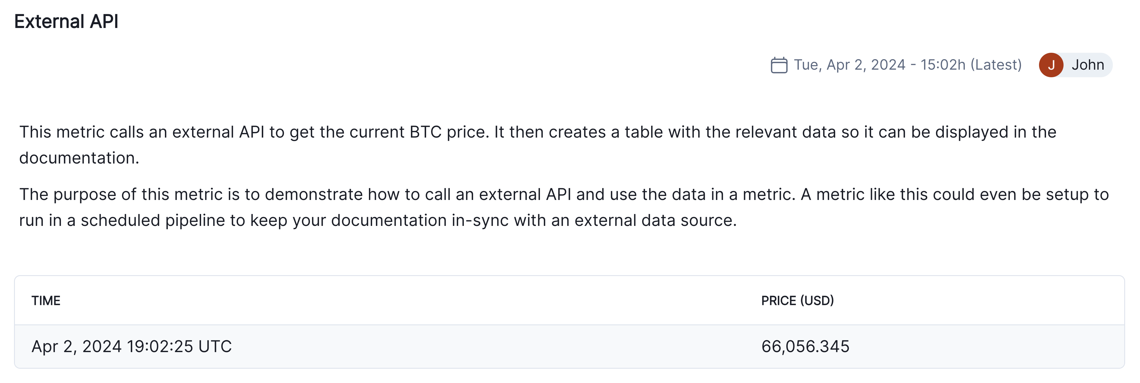 screenshot showing BTC price metric