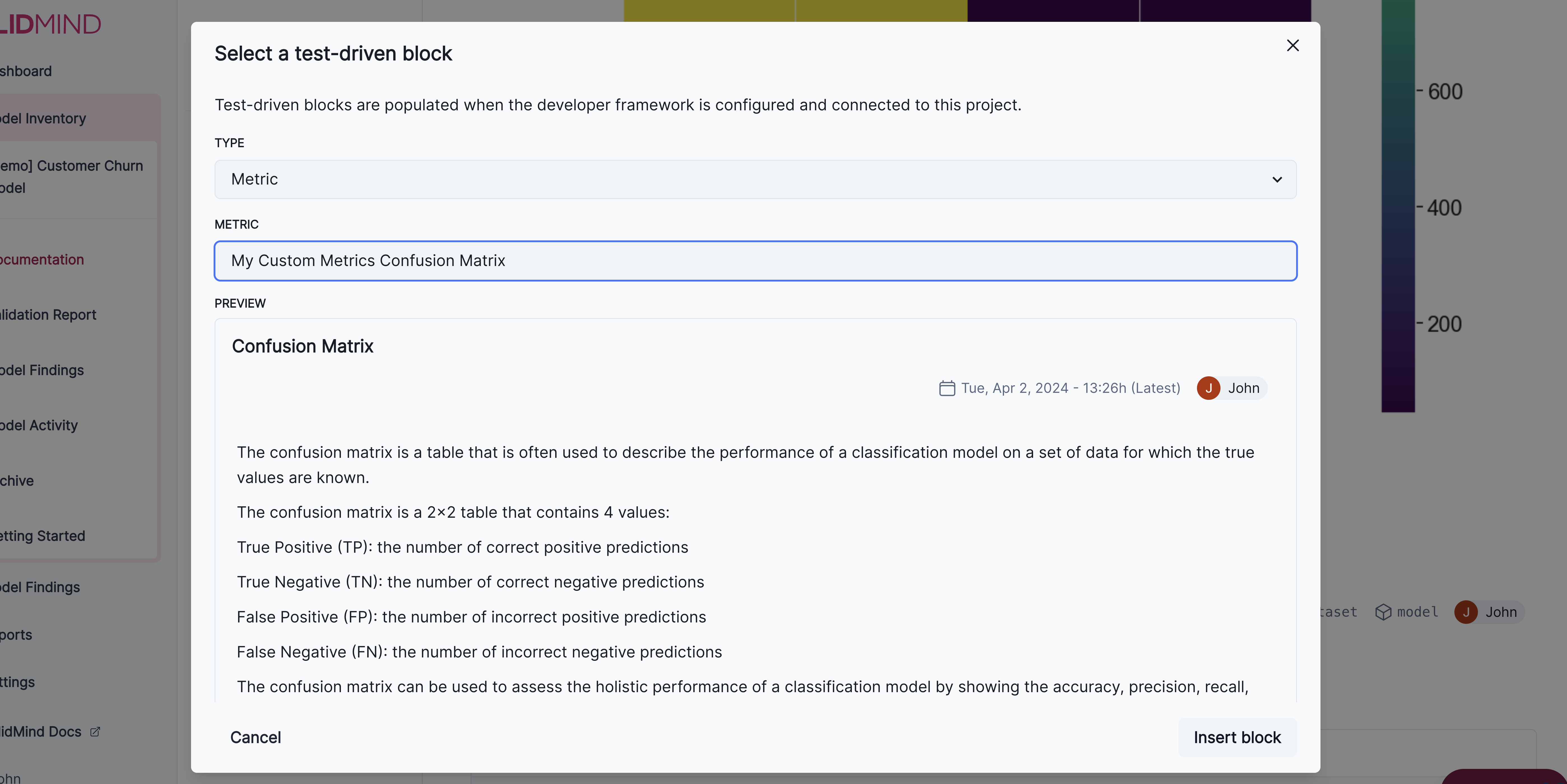 screenshot showing how to insert a test-driven block