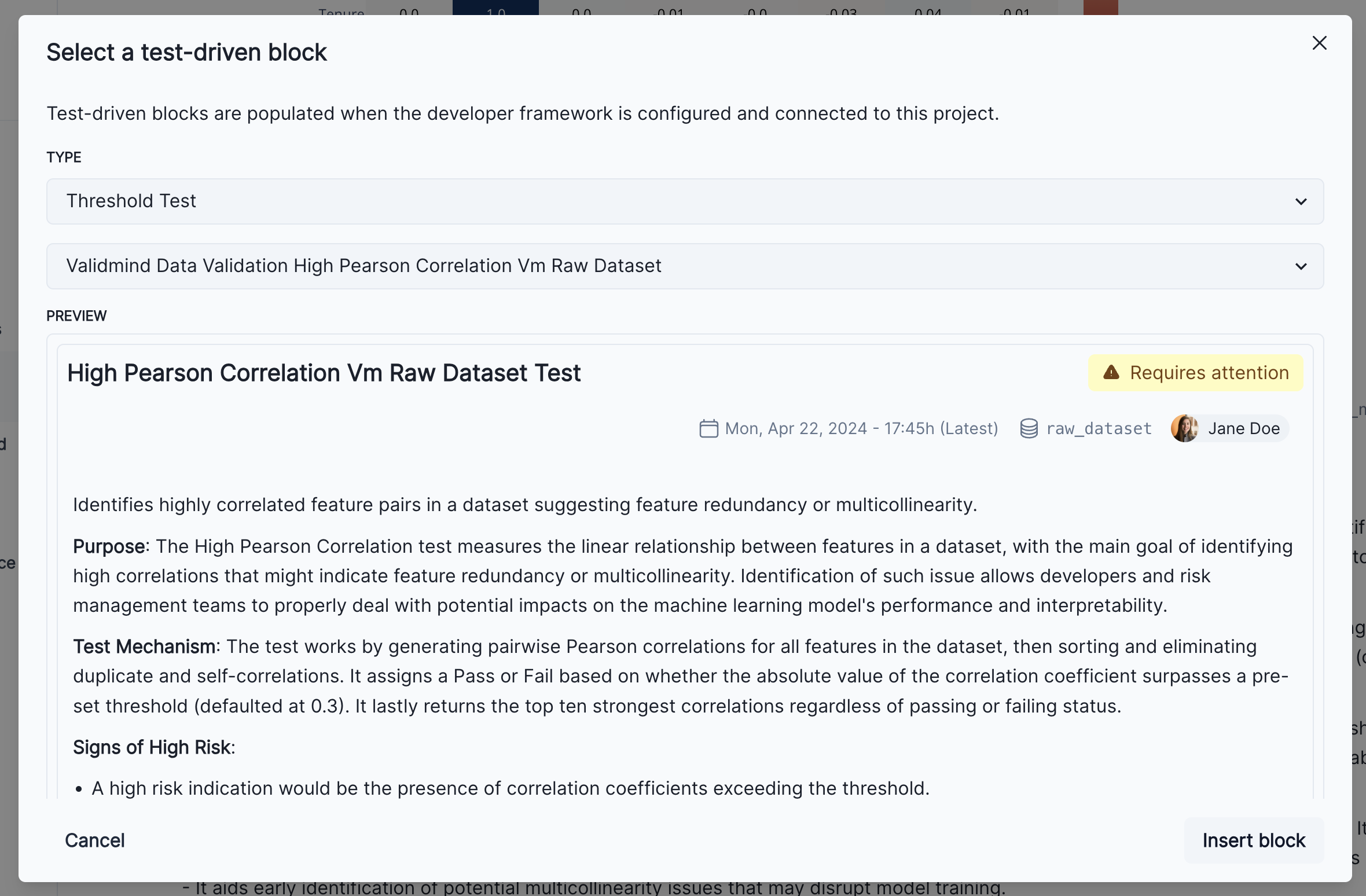screenshot showing the selected test result in the dialog