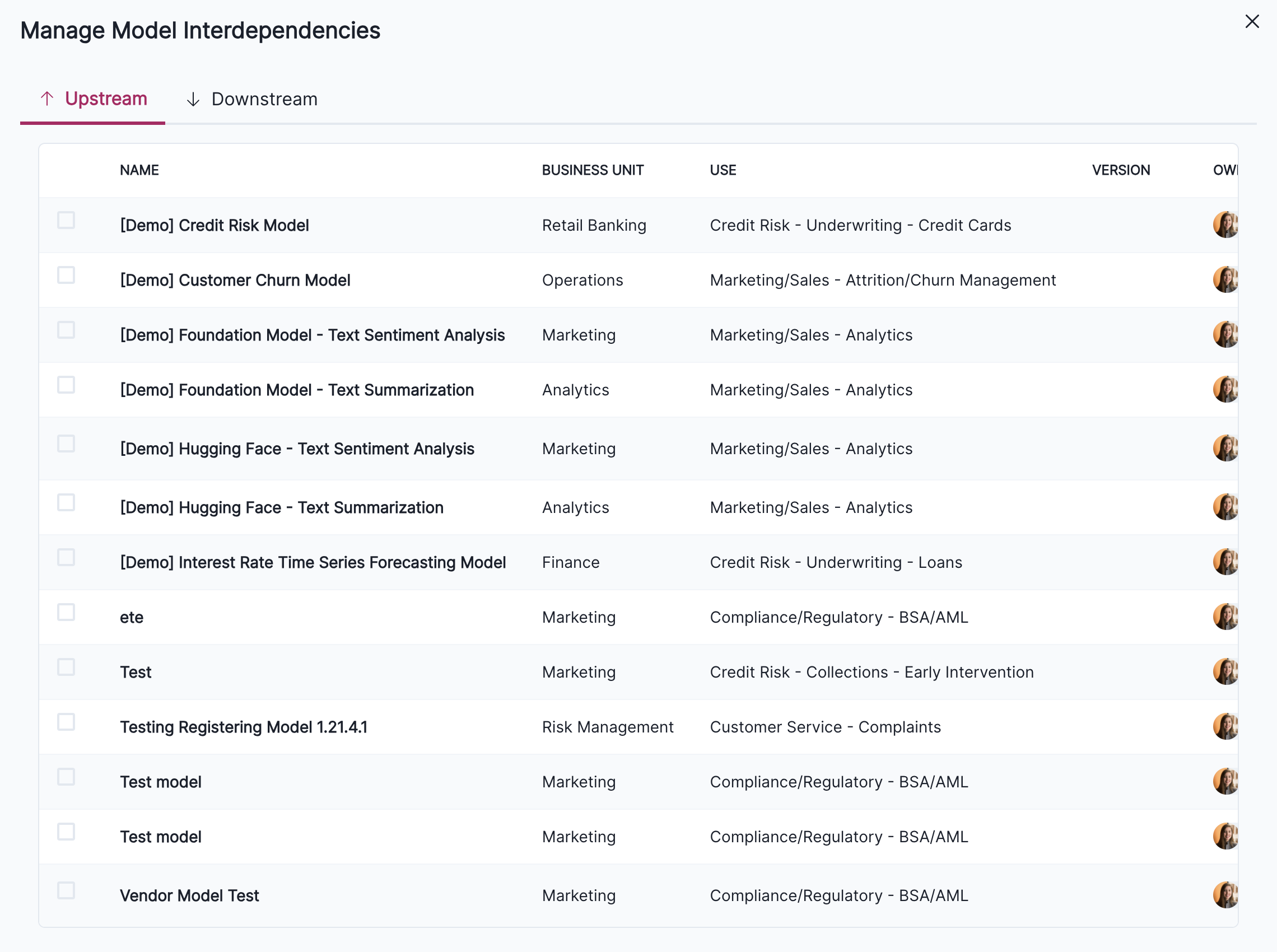 An screenshot showcasing the Manage Model Interdependences screen