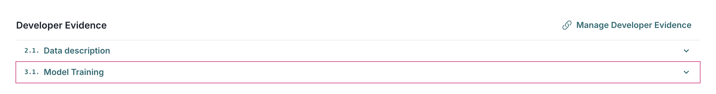 A screenshot of the new Developer Evidence section with linked documentation sections