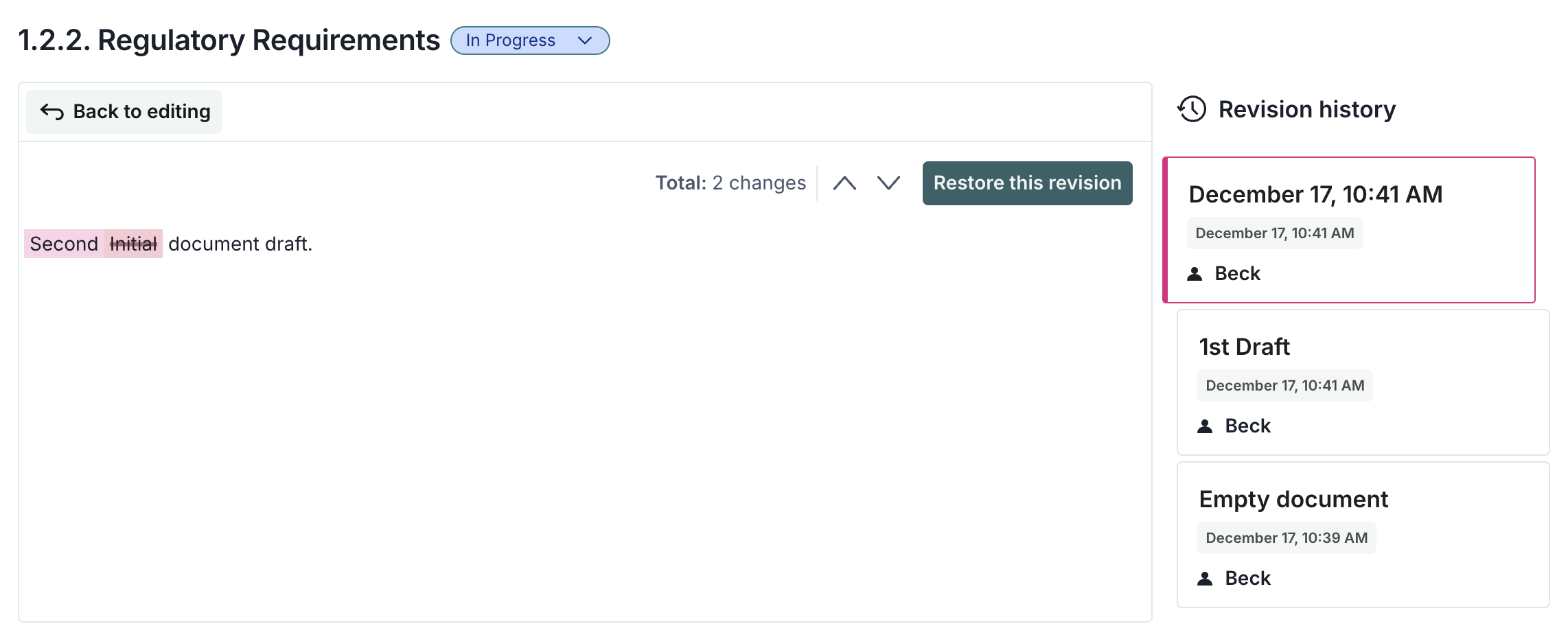A screenshot of example revision history for a content block