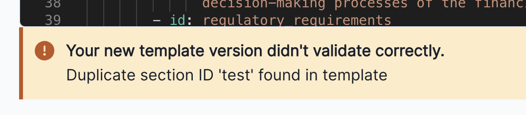 A screenshot showing the error message 'Duplicate section ID test found in template'
