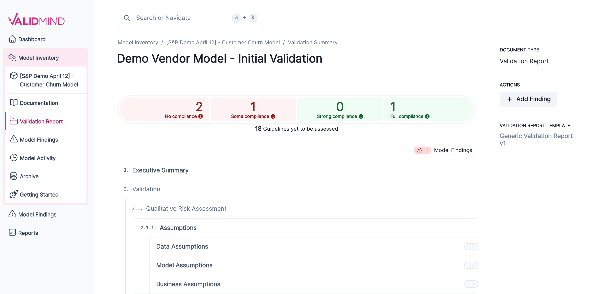 A screenshot showing the section-by-section outline of the validation report, along with a total compliance summary