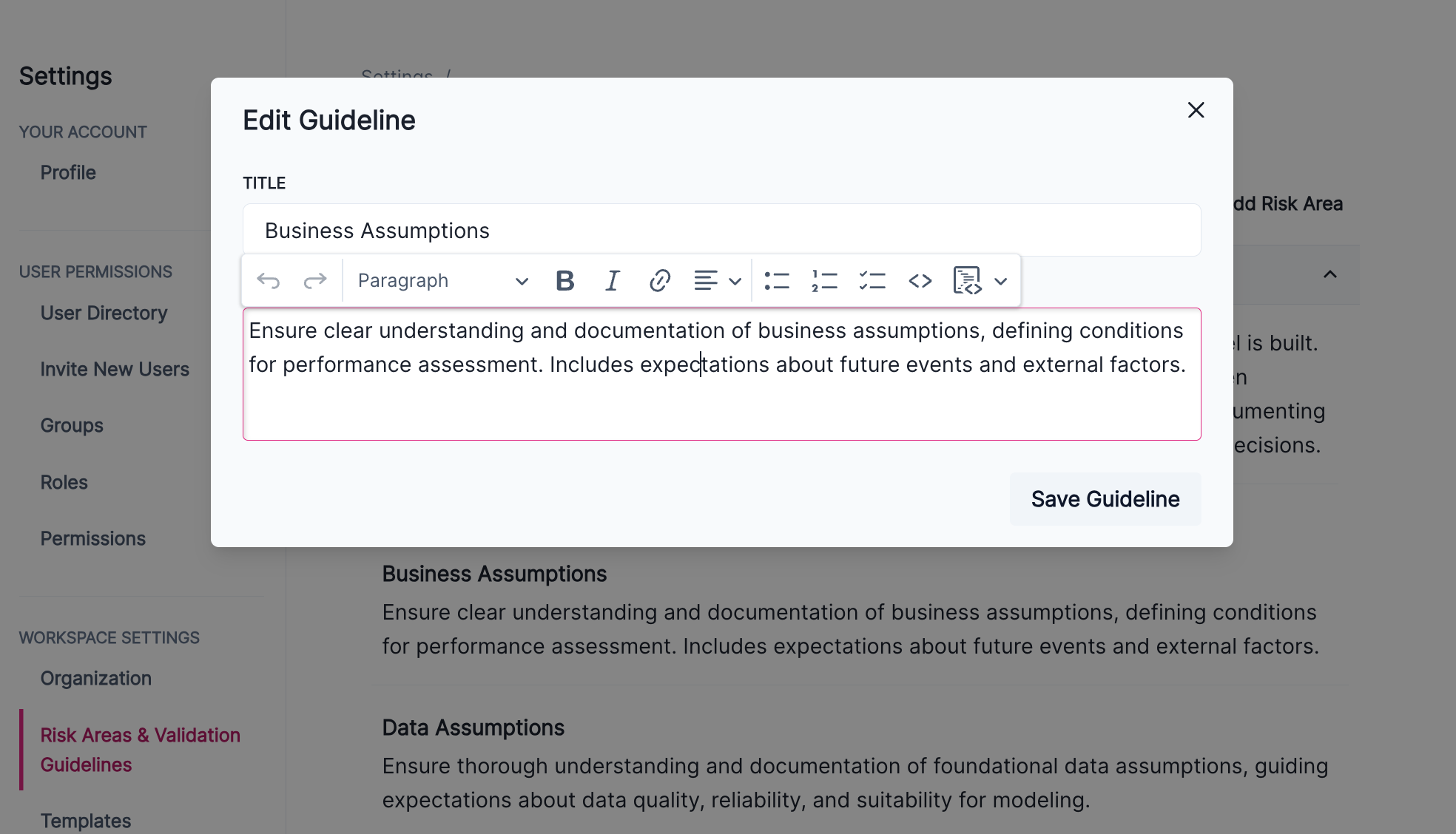 A screenshot of the ValidMind Platform that shows the new rich text editor for validation guidelines