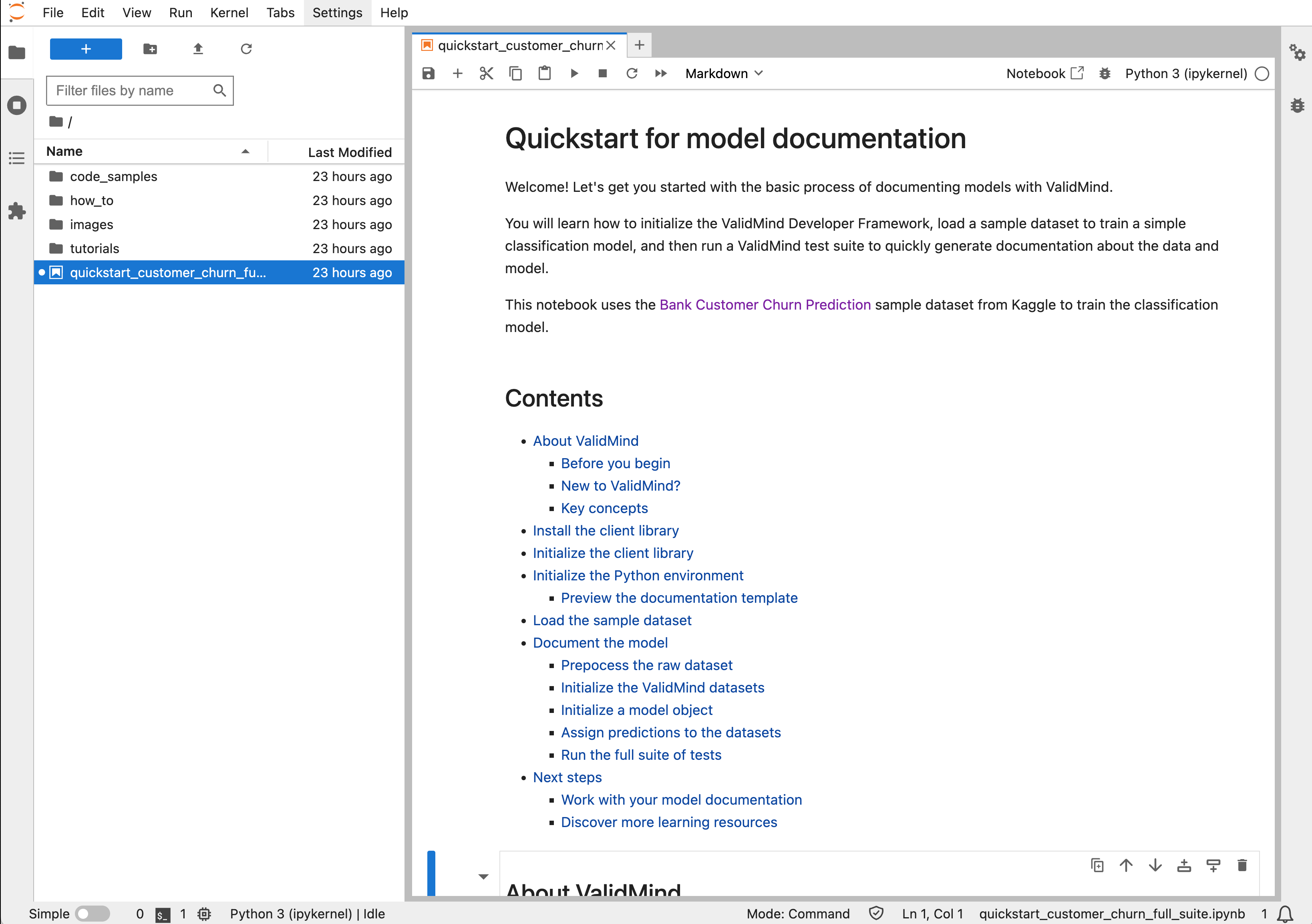 The QuickStart notebook opened in JupyterHub
