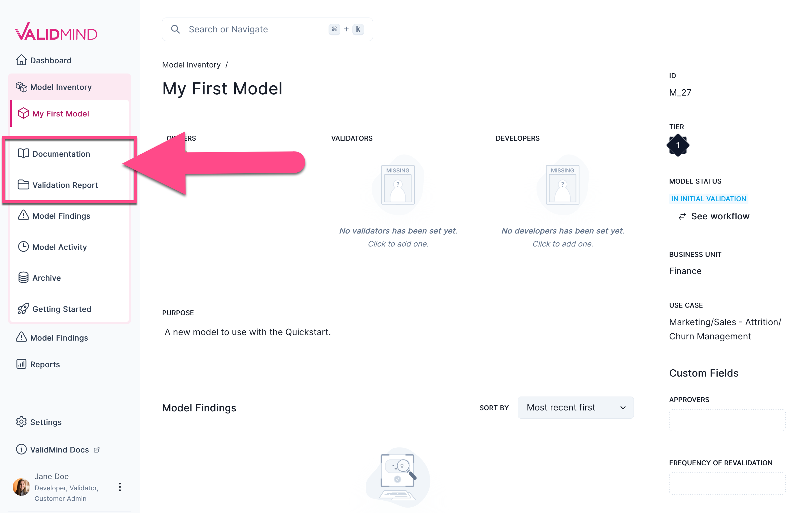 The main page for a model with the Documentation and Validation Report options highlighted in the left sidebar