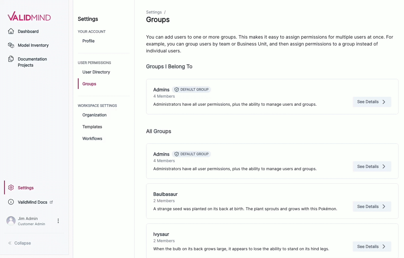Managing groups under Settings > Groups