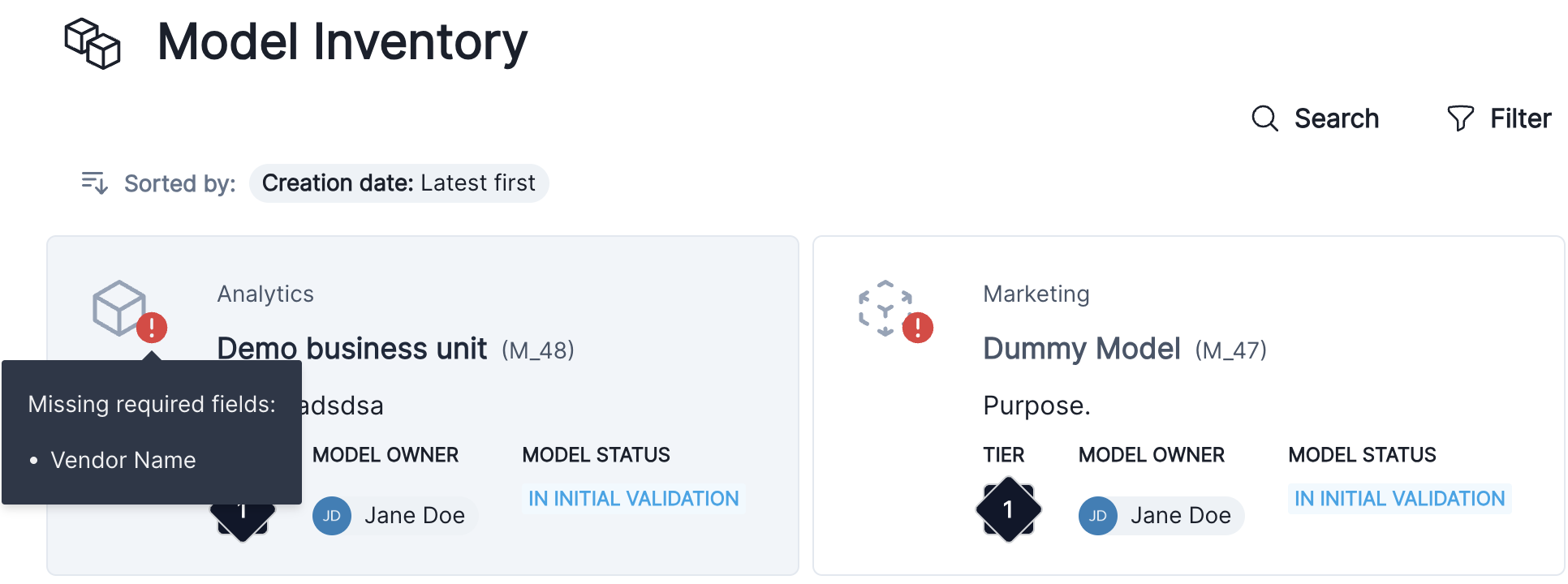 A screenshot showing a tooltip with the words 'Missing required fields: Vendor Name'