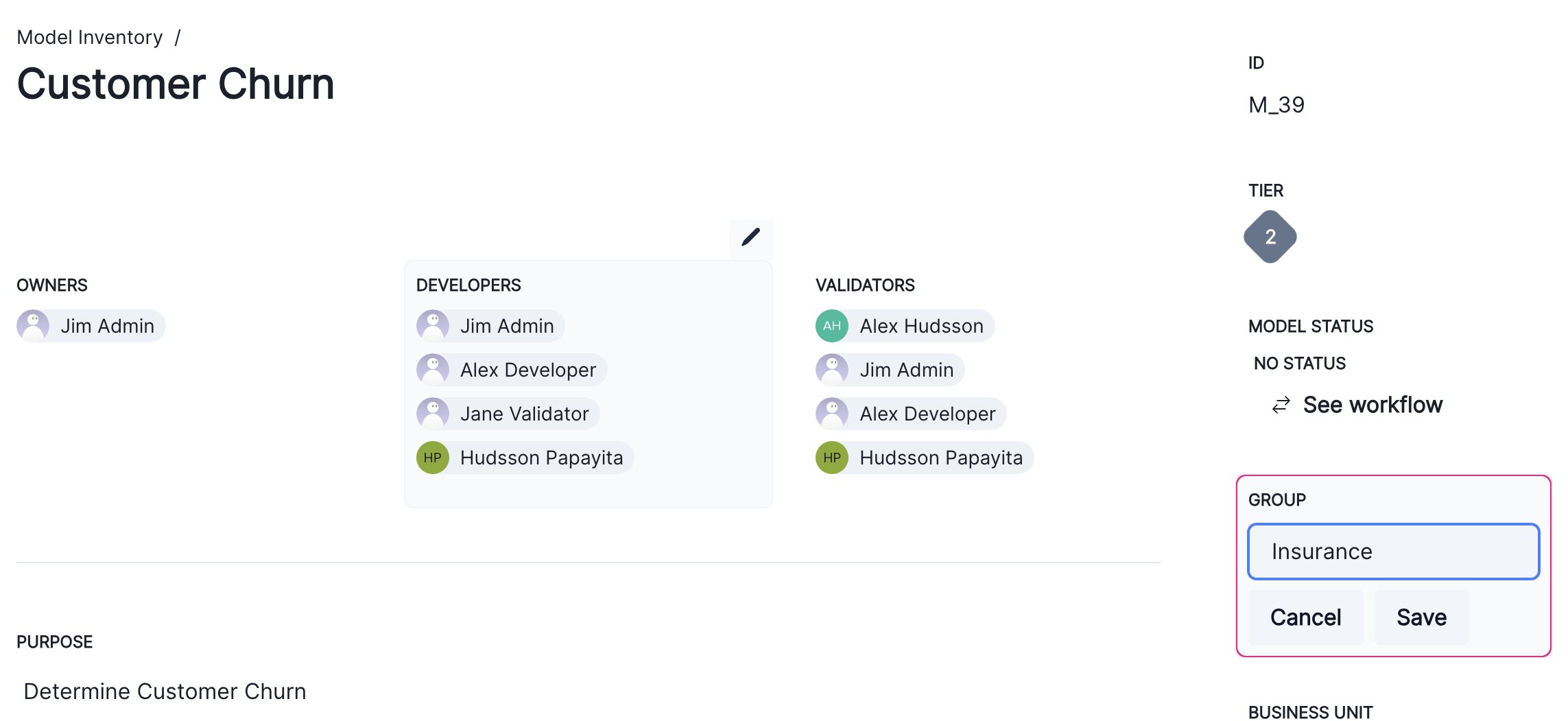A screenshot showing how you can modify the group an inventory model belongs to