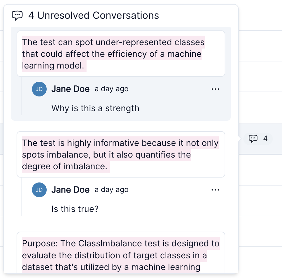 A screenshot showing four unresolved conversation between model developers or validator