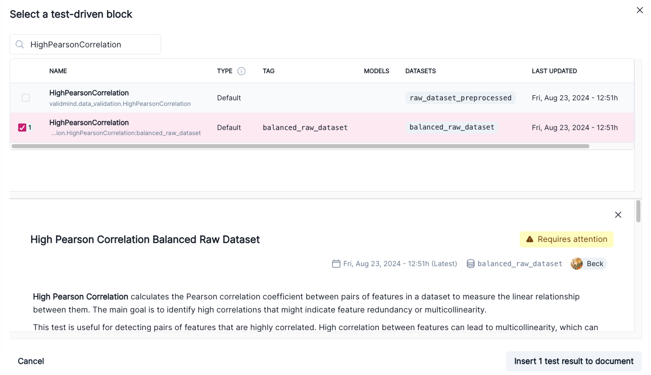 Screenshot showing the selected test result in the dialog