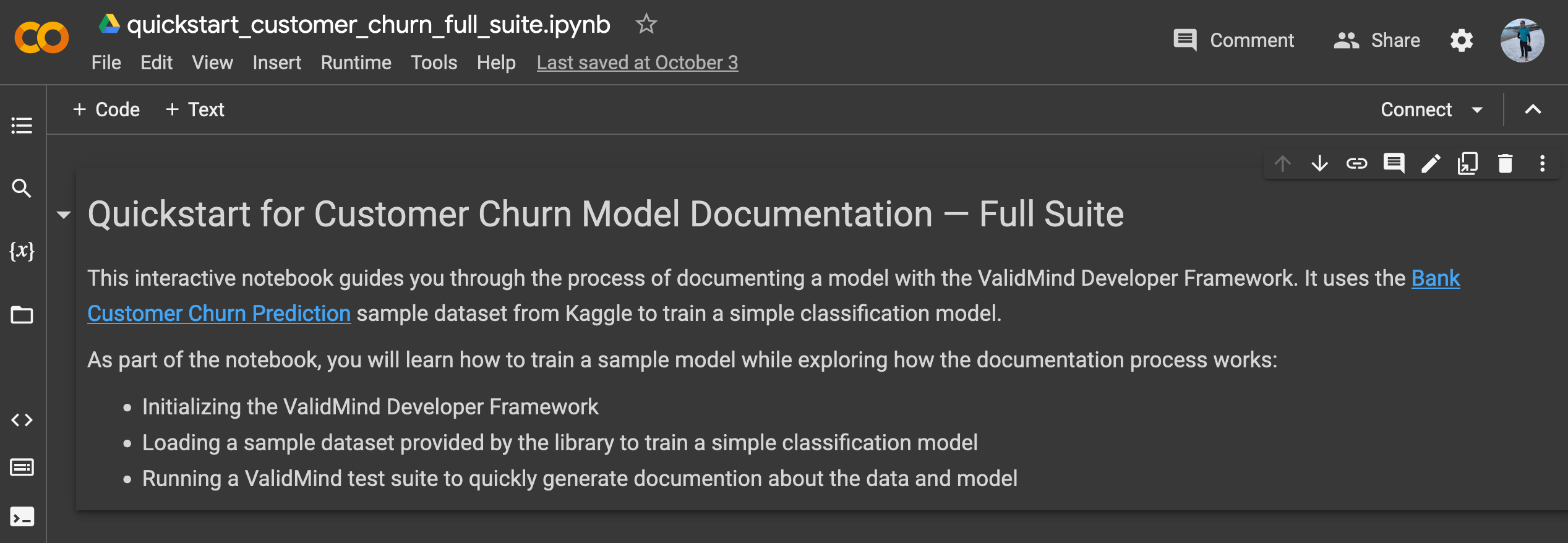 A screenshot showing the QuickStart notebook opened in Google Colab