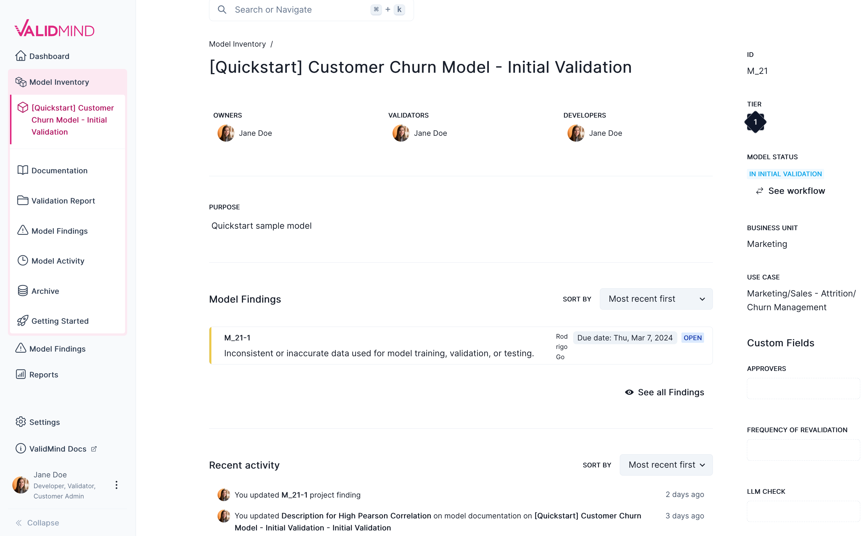 A screenshot showing the landing page for the [QuickStart] Customer Churn Model