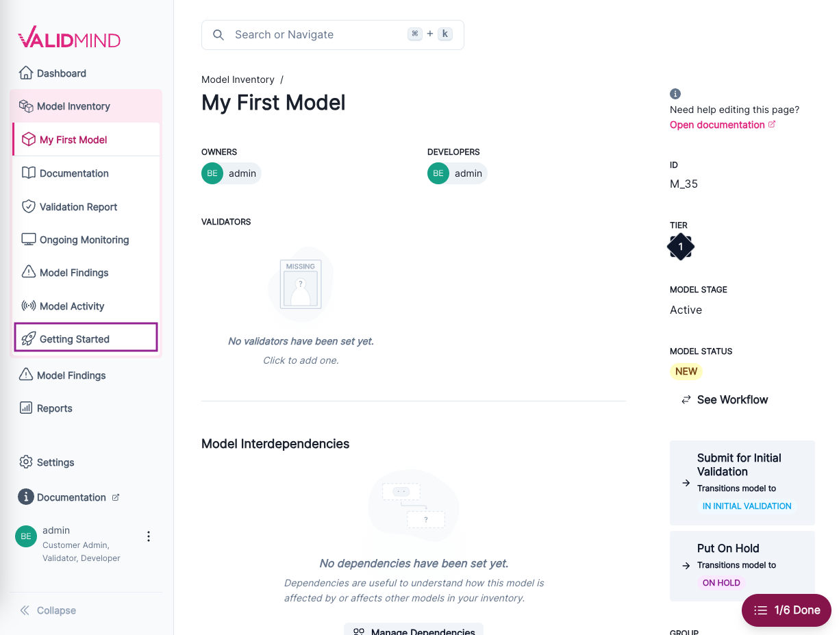 A screenshot of the landing page for a model with the Getting Started section highlighted in the left sidebar