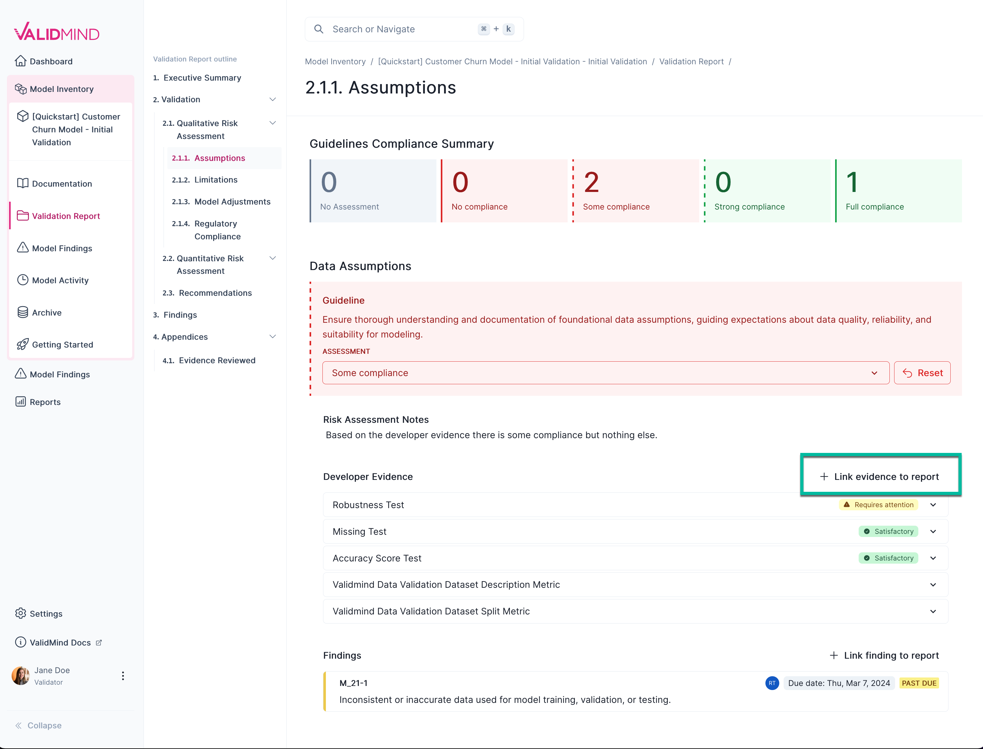 A screenshot of the validation report section 2.1.1. that shows a compliance assessment with the option to link to evidence