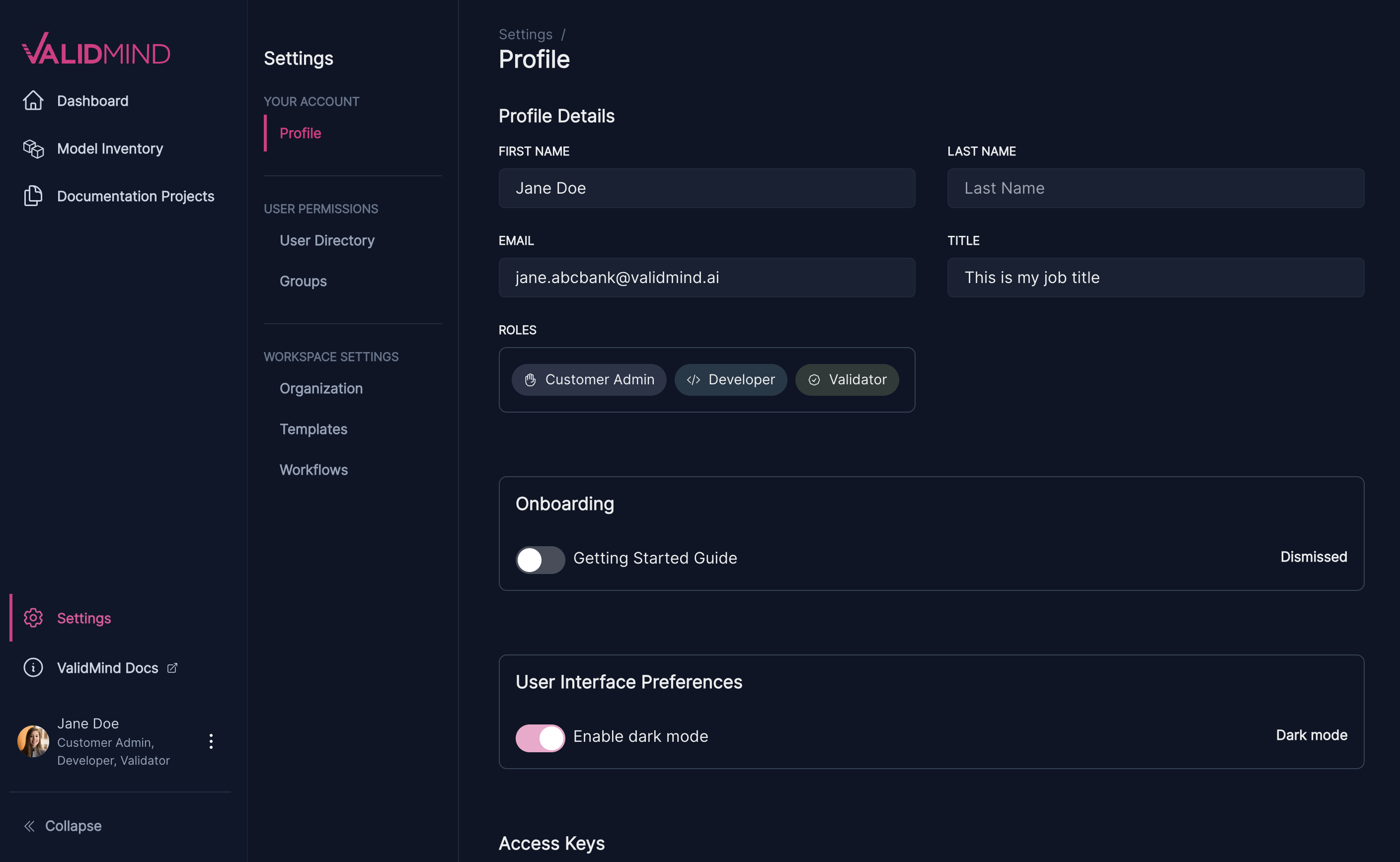The ValidMind Platform UI in dark mode