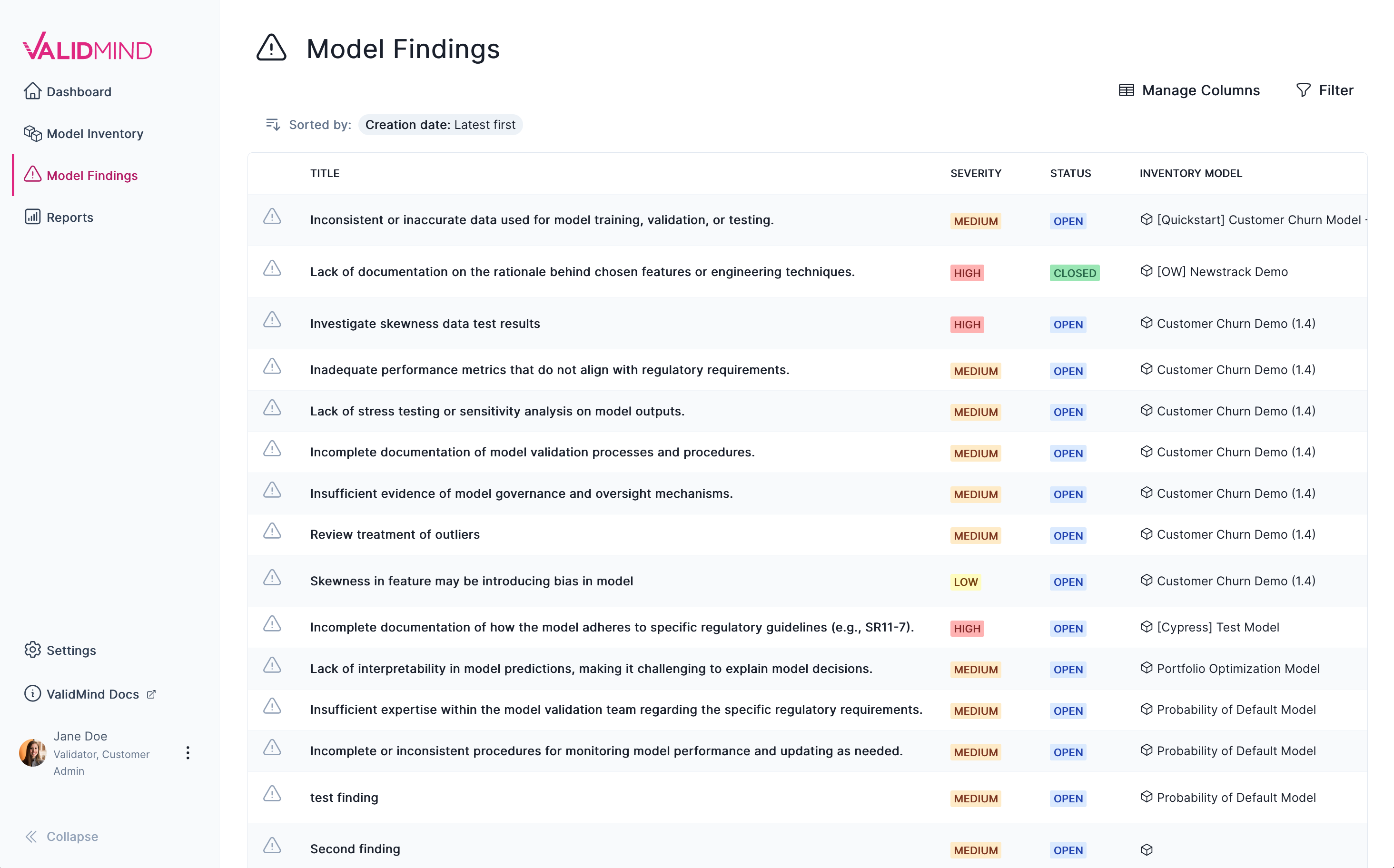 A screenshot of the new Model Findings page showing a table of findings that can be clicked on