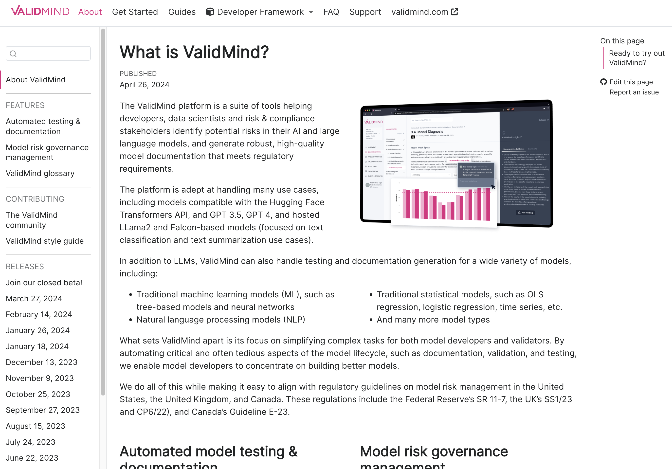 A screenshot of the ValidMind docs site showing the new About section