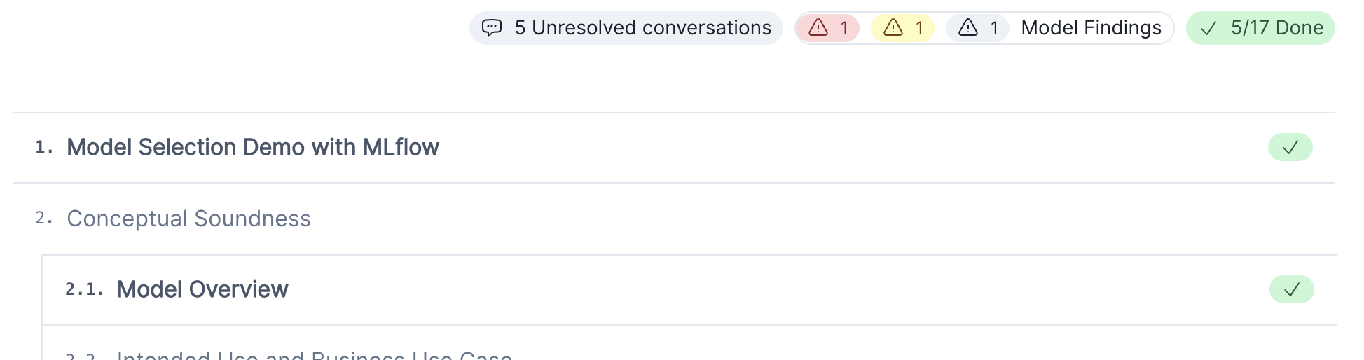 A screenshot of the Document Overview page displaying a total count of how many sections have been completed