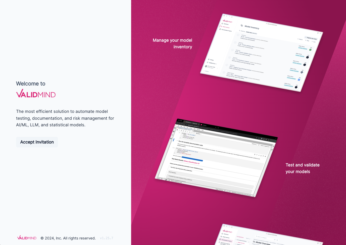 Screenshot of the ValidMind accept invitation to join an organization screen