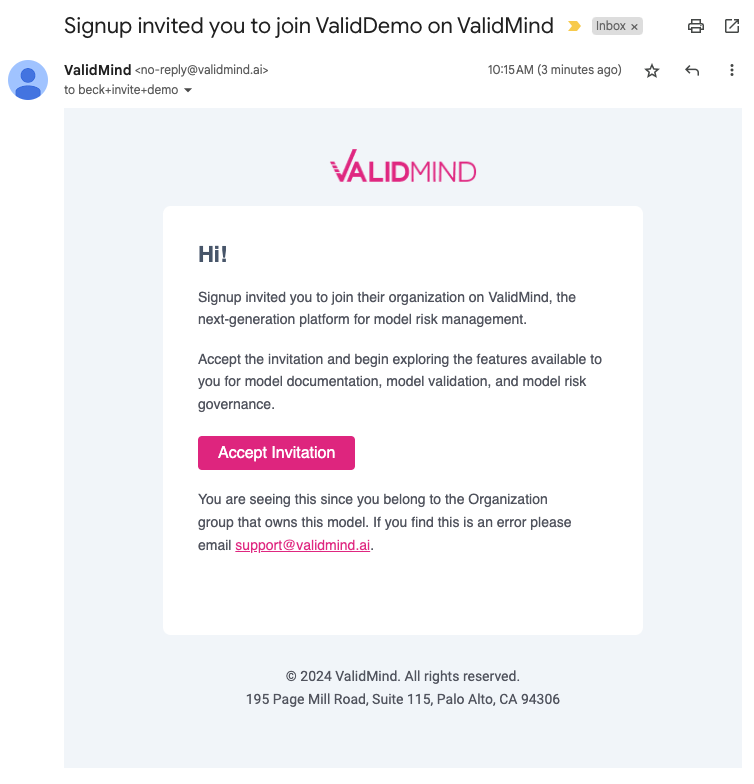 Screenshot of the Validmind organization invite email