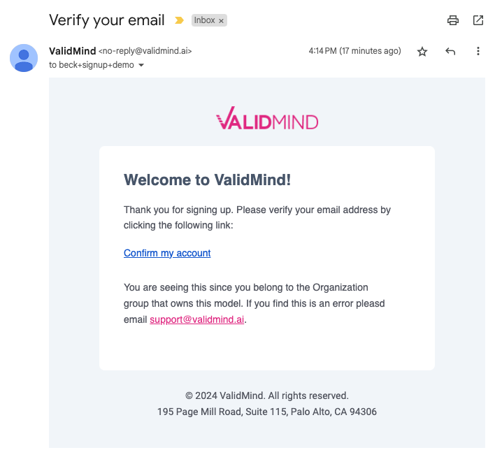 Screenshot of the verification email sent by ValidMind
