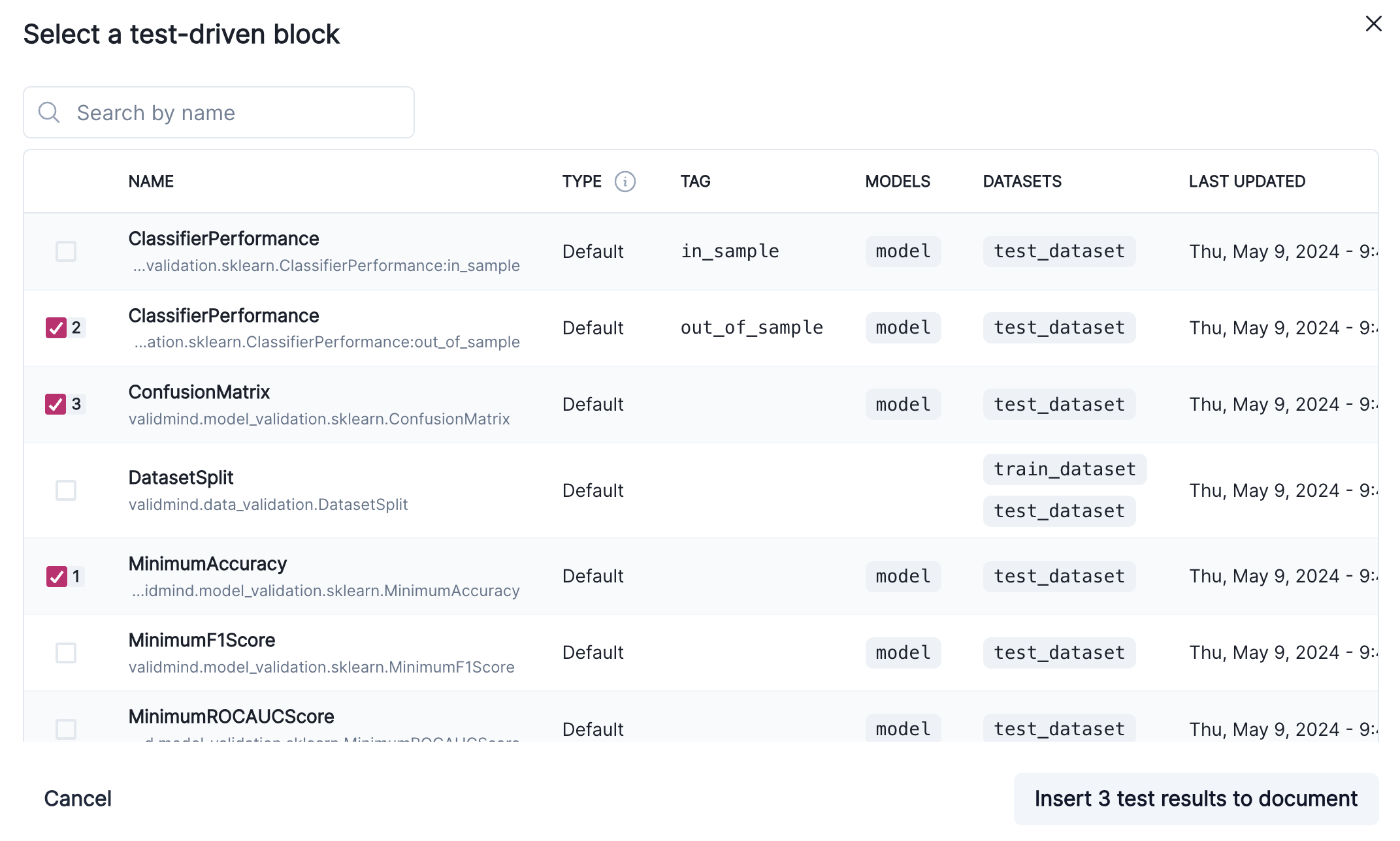 A screenshot showing several test-driven blocks that have been selected for insertion