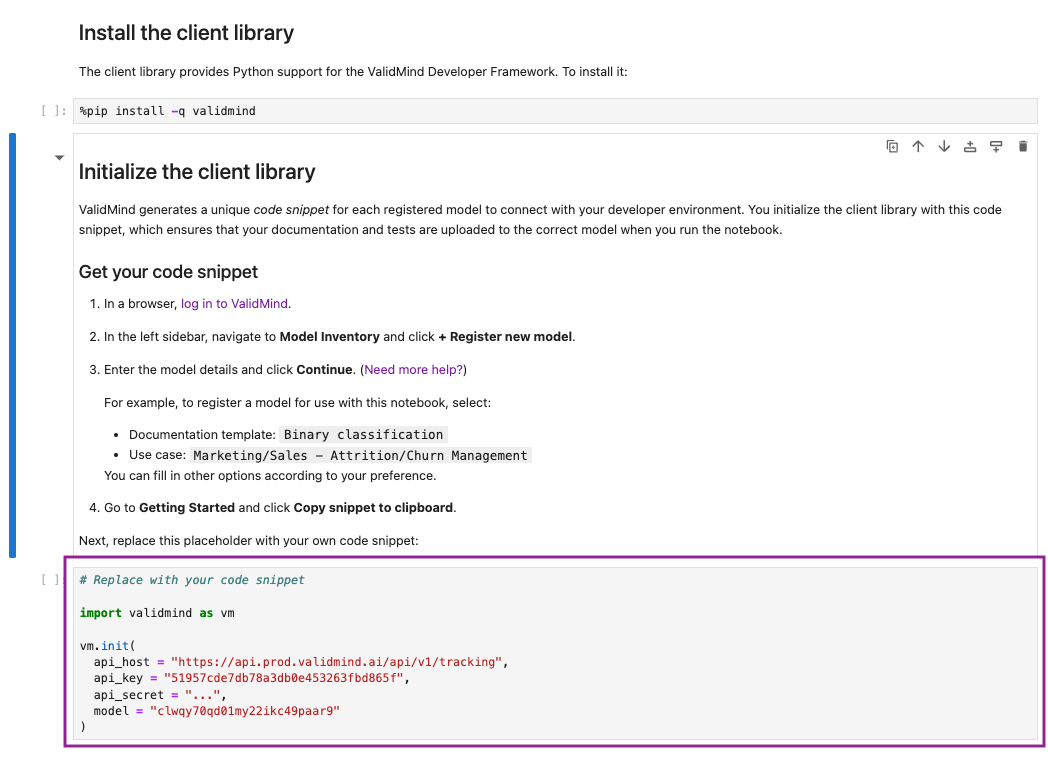 A screenshot showing the QuickStart notebook in Colab with the section to be replaced highlighted