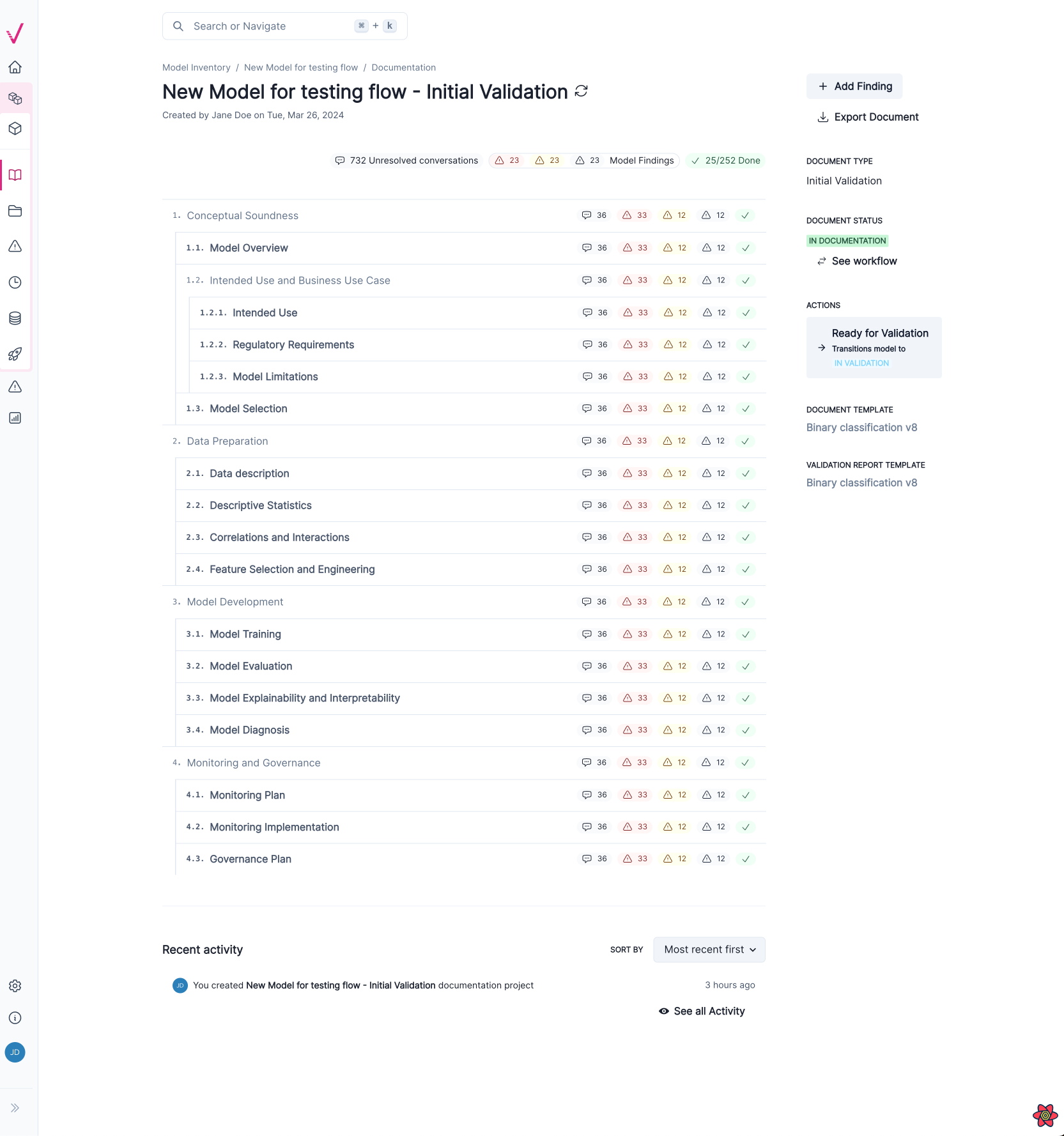 A screenshot showing the new Document Overview page in the ValidMind Platform