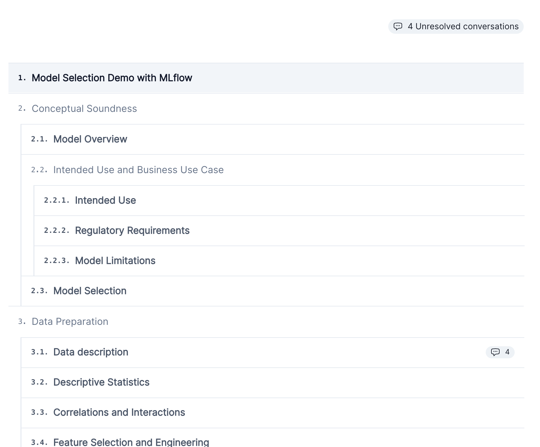 A screenshot showing the new documentation outline page, with numbered model documentation sections from 1. to 3.4