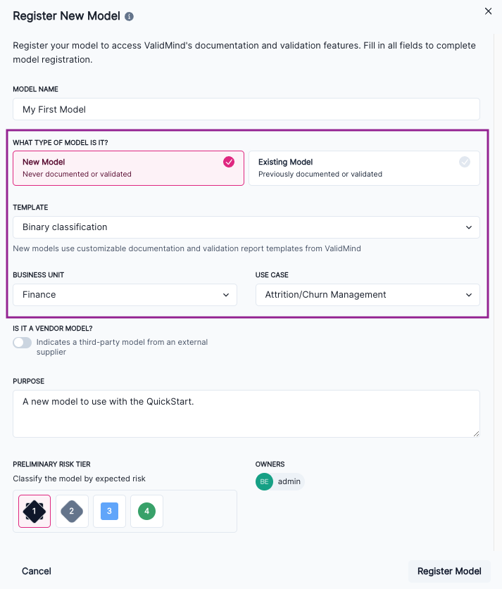 A screenshot showing the Register New Model panel