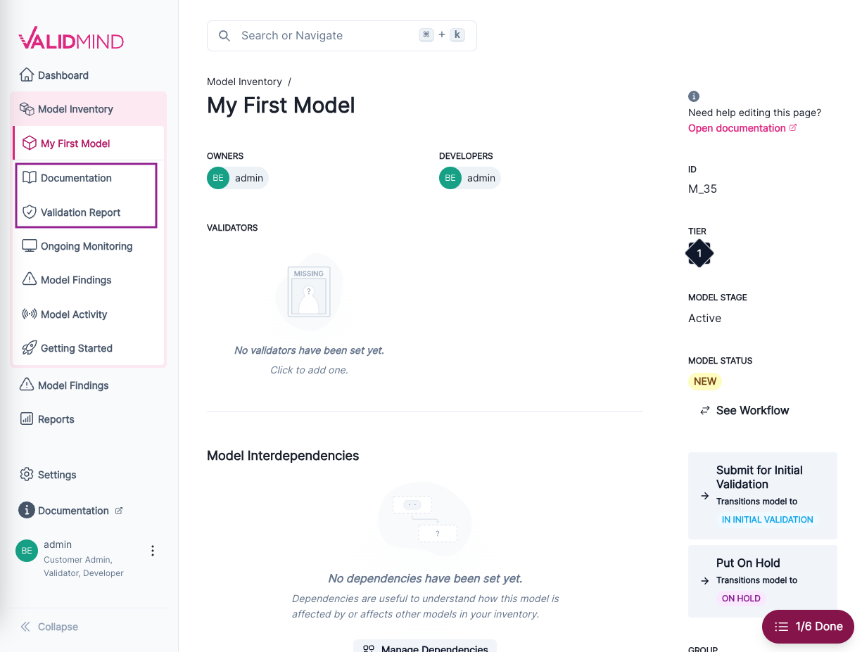 A screenshot showing the landing page for a model with the Documentation and Validation Report options highlighted in the left sidebar
