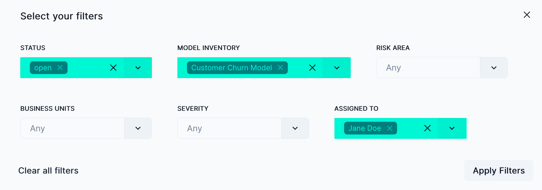 A screenshot of the filter dialog with some options selected