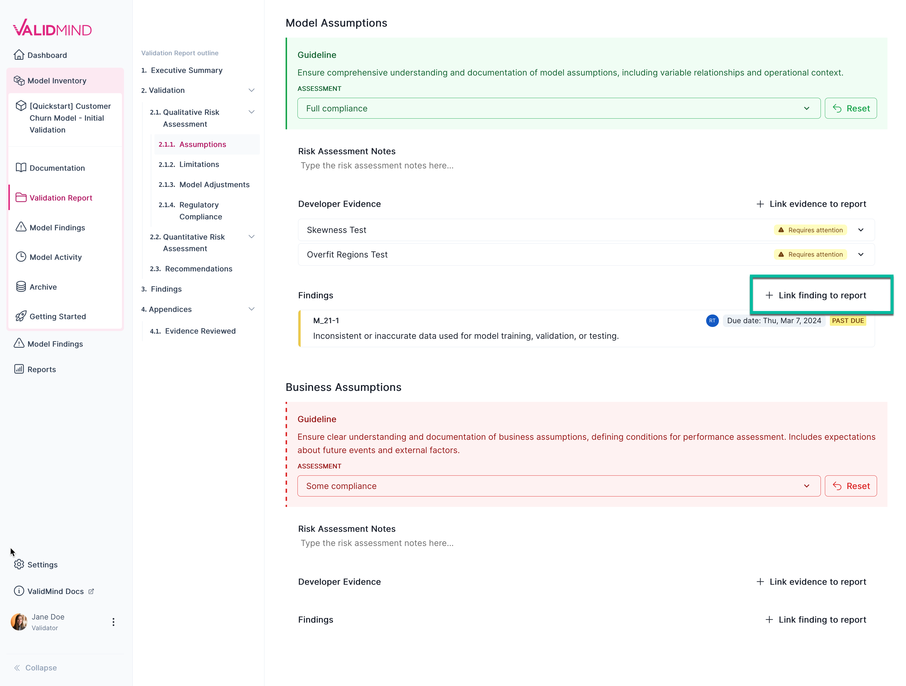 A screenshot of the validation report section 2.1.1. that shows a compliance assessment with the option to link to finding