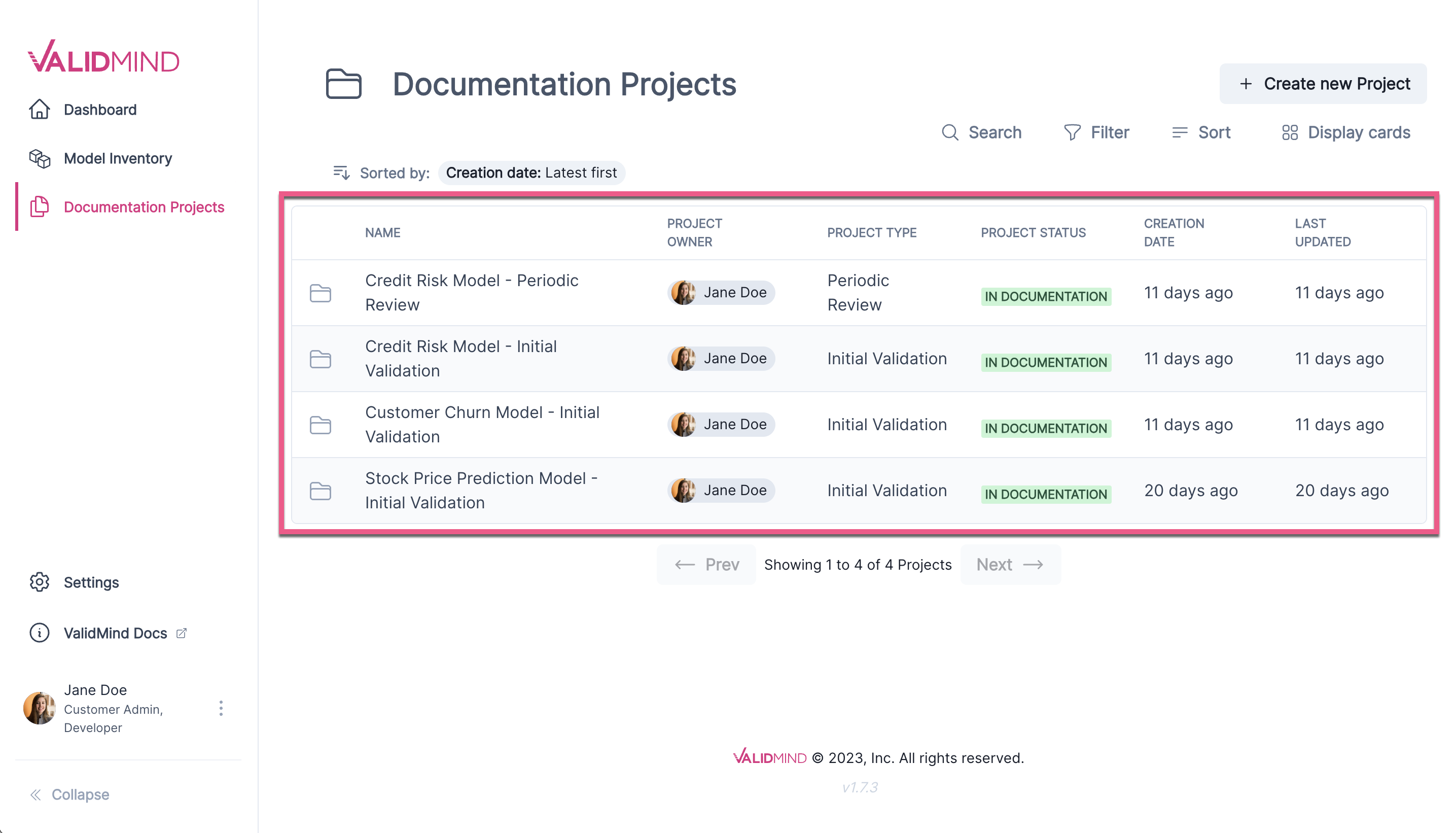 Model inventory table view