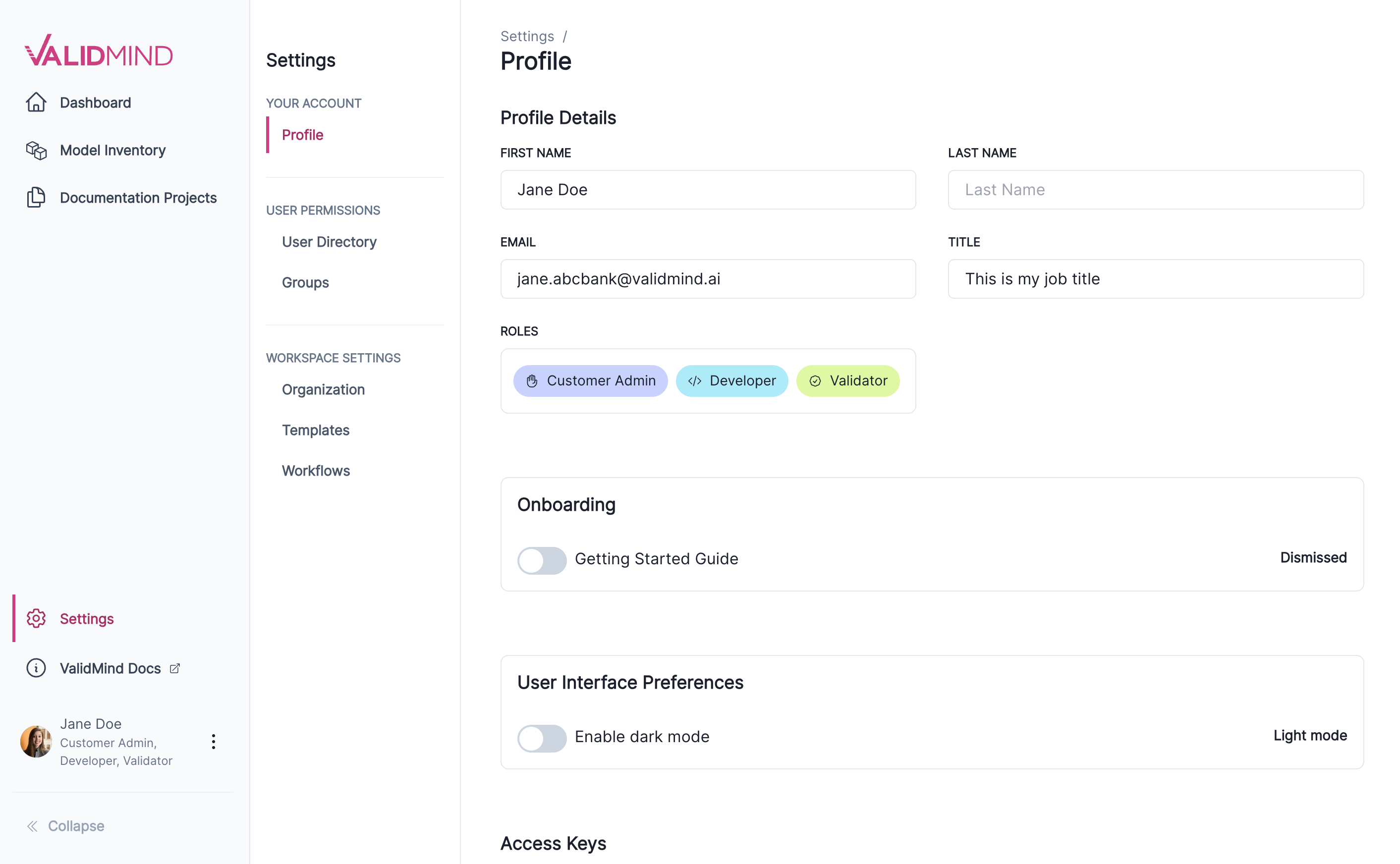 The ValidMind Platform UI in light mode
