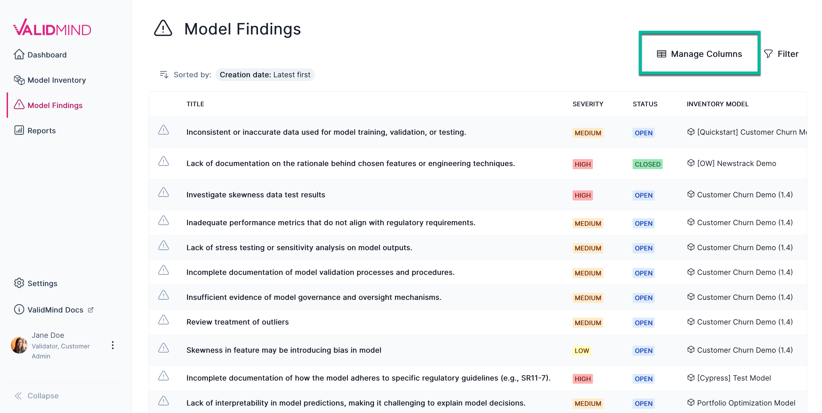 A screenshot of the Model Findings page with Manage Columns highlighted