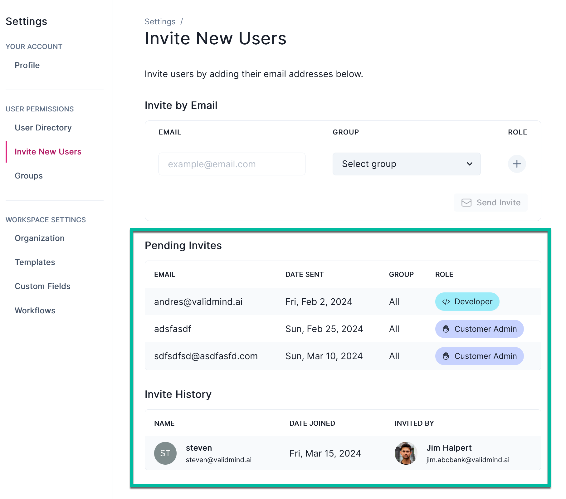 A screenshot that highlights the user invitation history, showing both pending and accepted invitations to join your organization