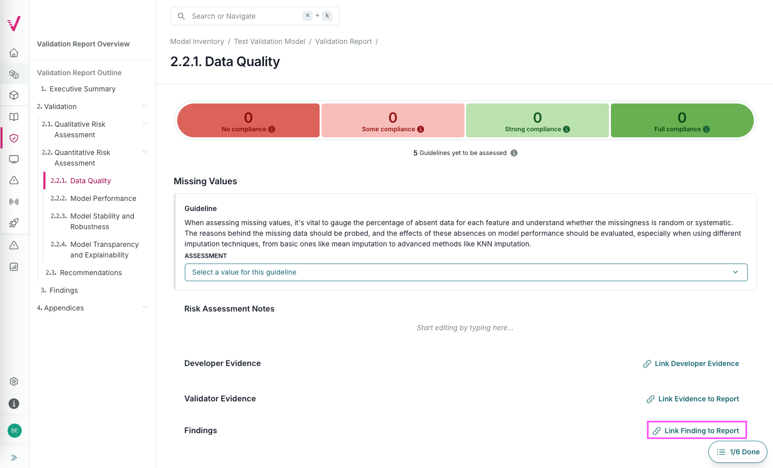 A screenshot of the validation report section 2.1.1. that shows a compliance assessment with the option to link to finding
