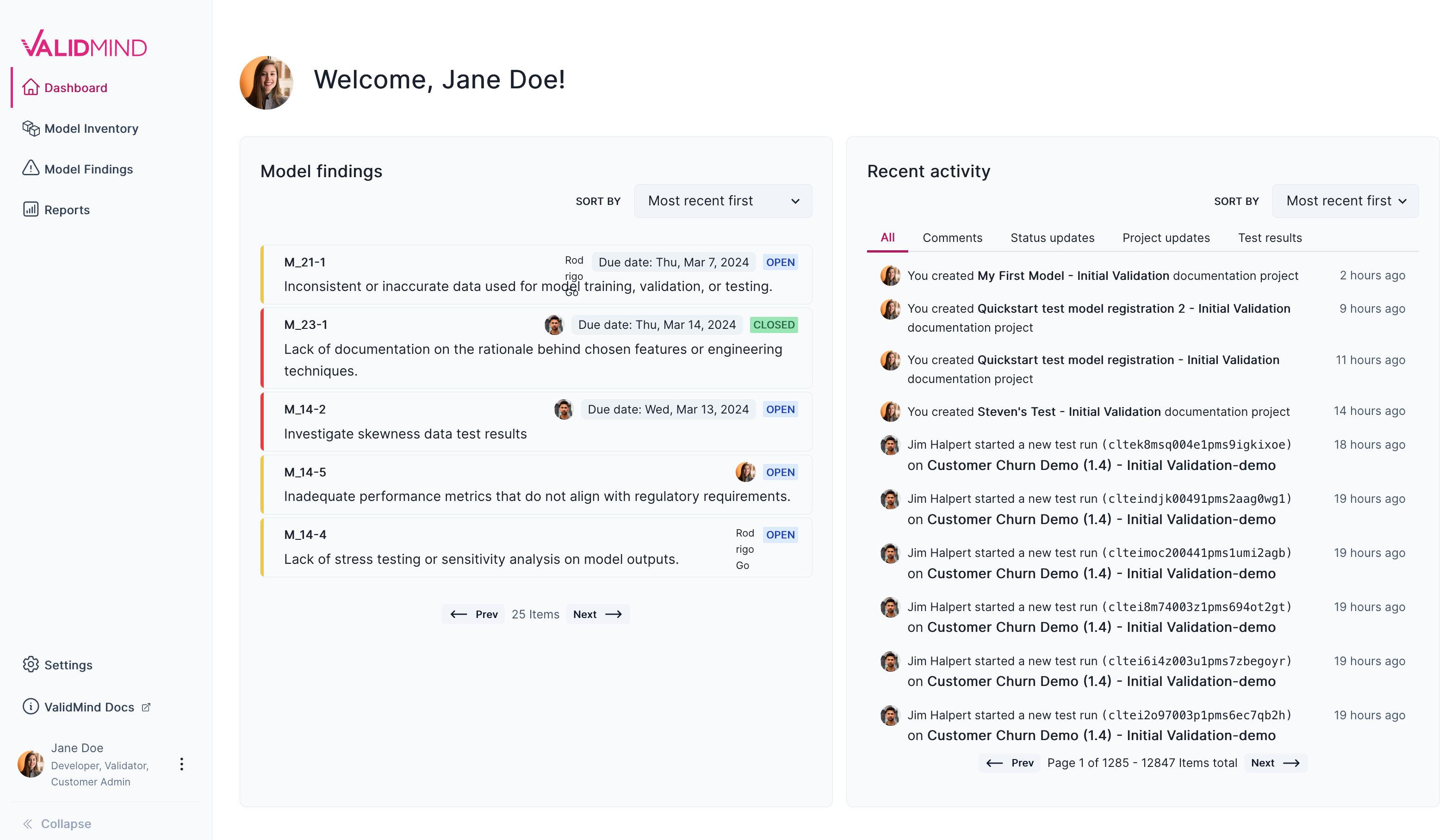 A screenshot showing the ValidMind Platform main dashboard
