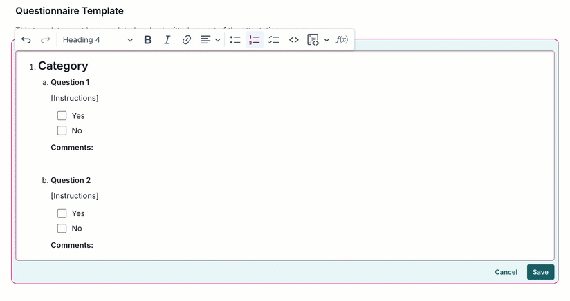 An animation of the questionnaire template editor showing the process of adding a question about documentation of compliance to the template with the instructions to confirm that required documentation, such as model documentation, validation reports, and change logs, has been completed.
